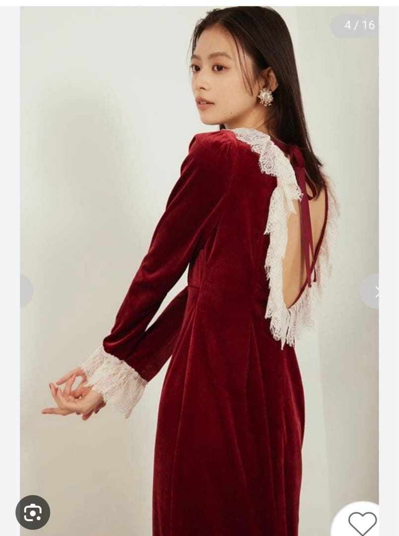 LILY BROWNバックフリルベロアロングドレスRED