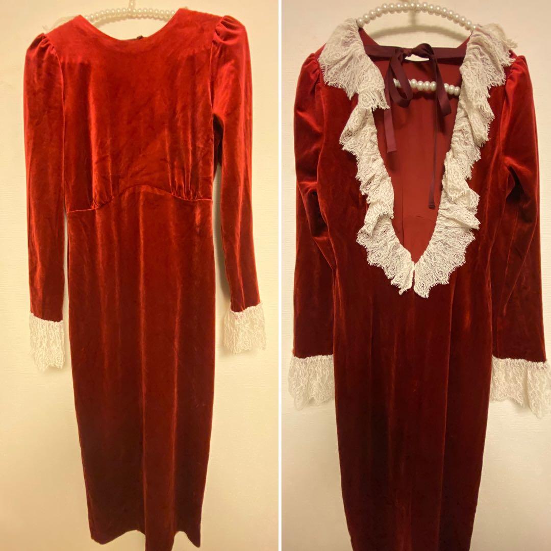 LILY BROWNバックフリルベロアロングドレスRED