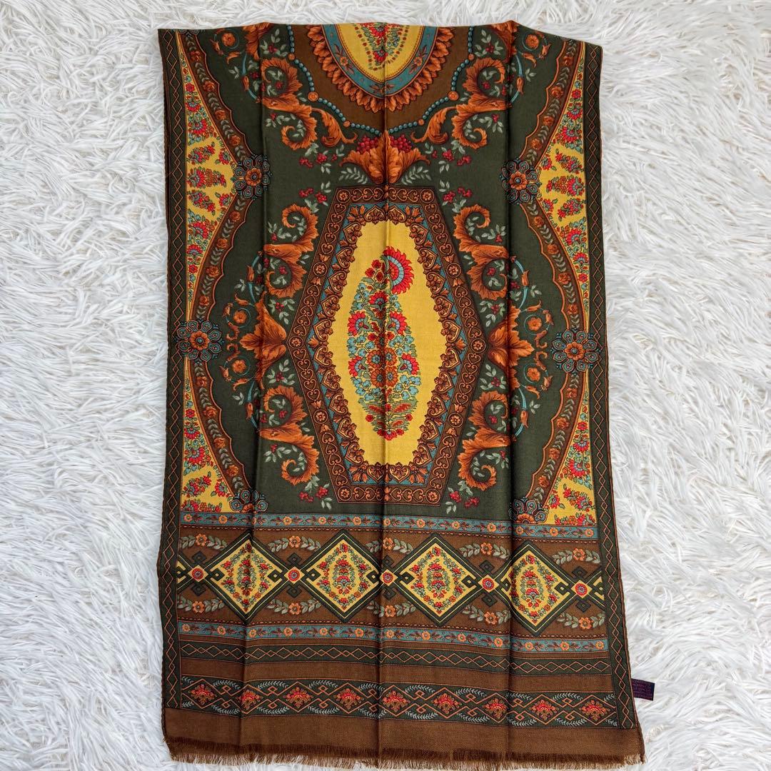 【美品】ETRO スカーフ　ペイズリー柄　ブラウン　花柄　ウール　シルク