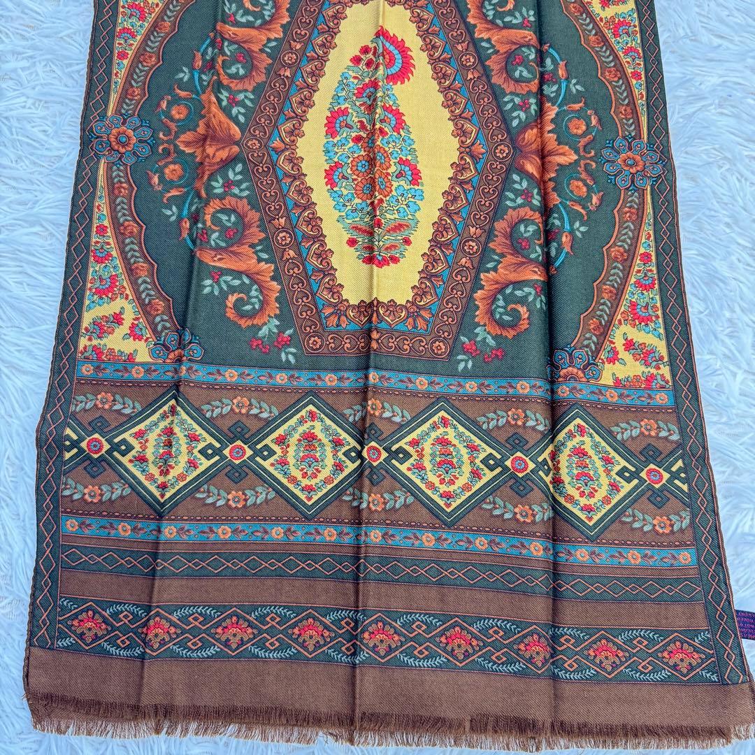 【美品】ETRO スカーフ　ペイズリー柄　ブラウン　花柄　ウール　シルク