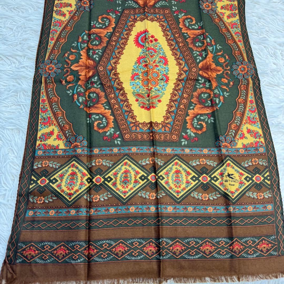 【美品】ETRO スカーフ　ペイズリー柄　ブラウン　花柄　ウール　シルク
