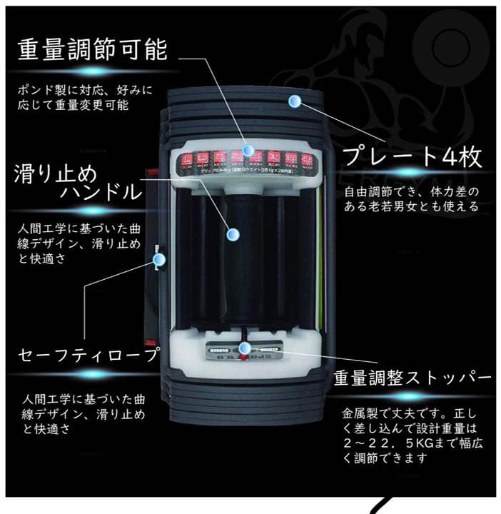 可変式 クイック ブロックダンベル  最小3kg最大22kg ２個セット