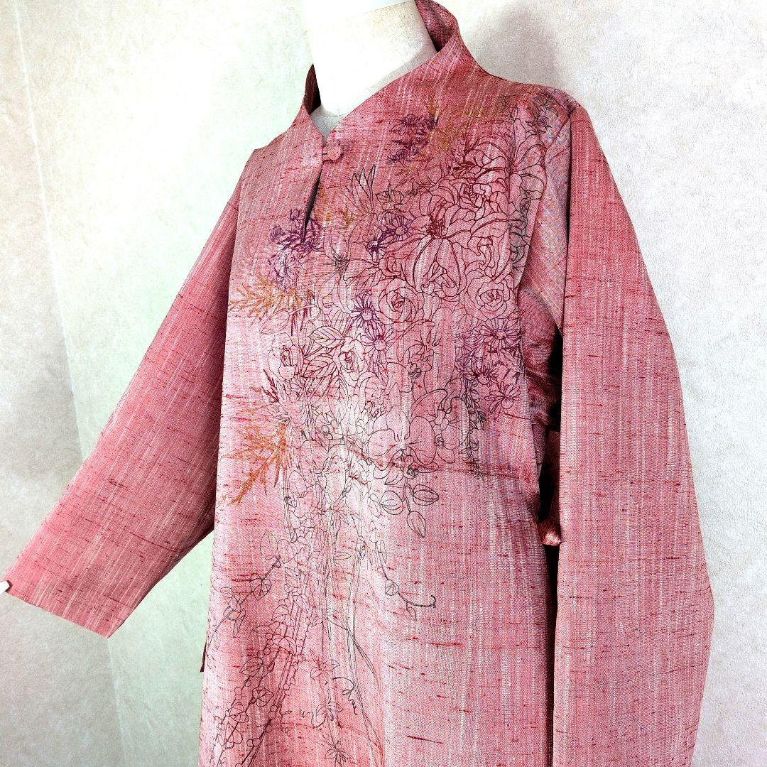 339　手染め大輔　着物リメイク　桜色紬　ブーケ型染ワンピース　L〜フリーサイズ