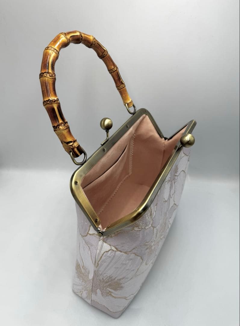 【ハンドメイド】ハンド バッグ 金糸縁白ぽいユリ 2点セット　#695