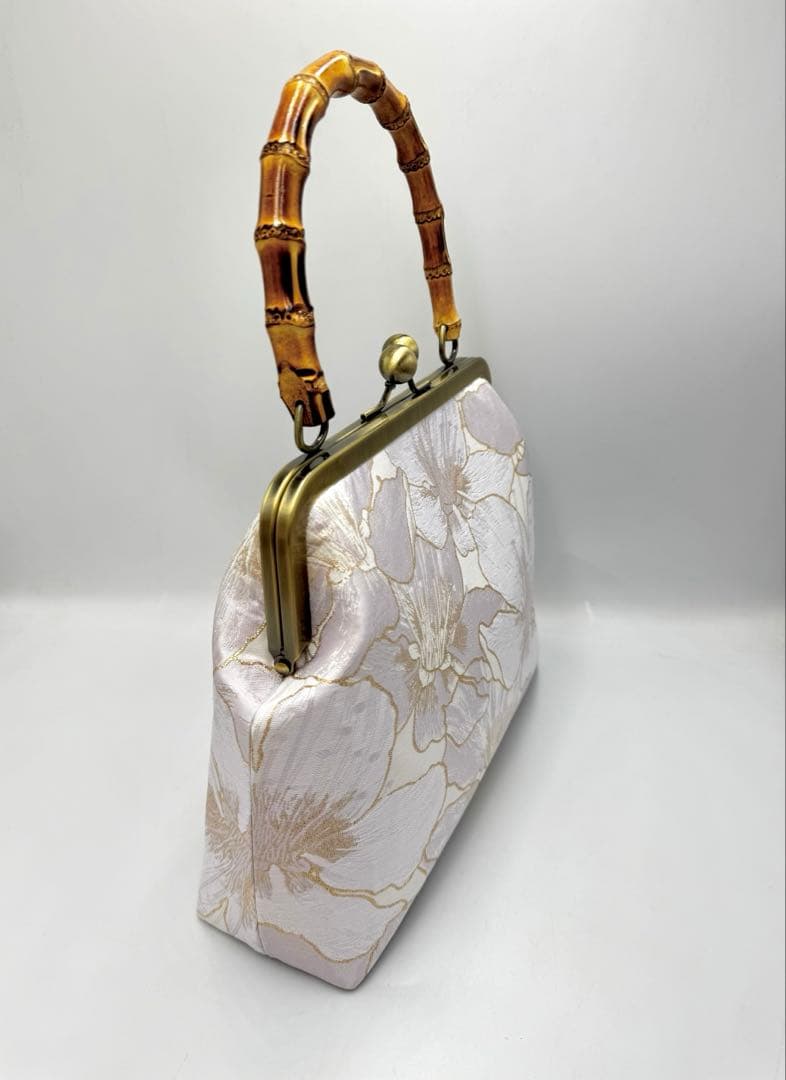 【ハンドメイド】ハンド バッグ 金糸縁白ぽいユリ 2点セット　#695
