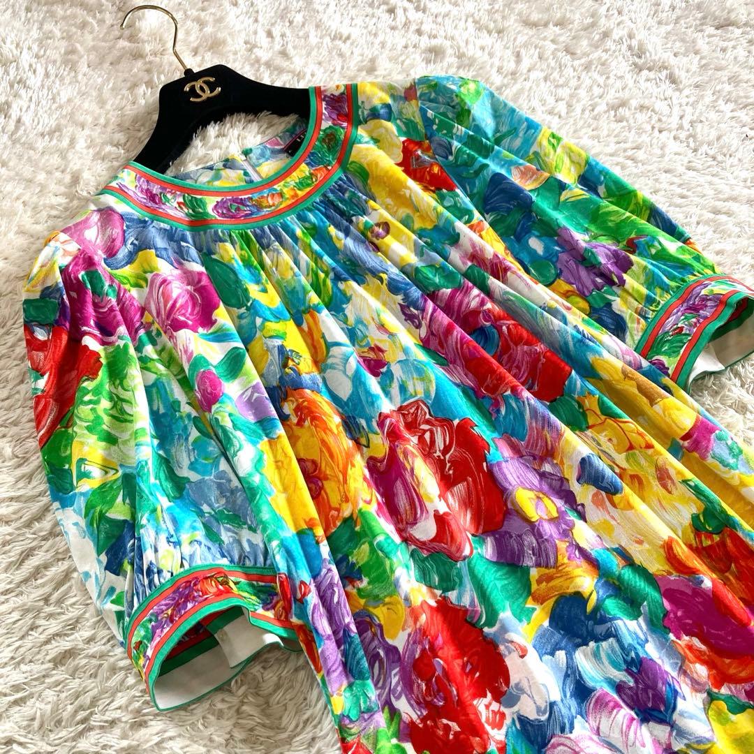 【極美品】レオナール パフスリーブ ボタニカル 花柄 トリム ロングワンピース