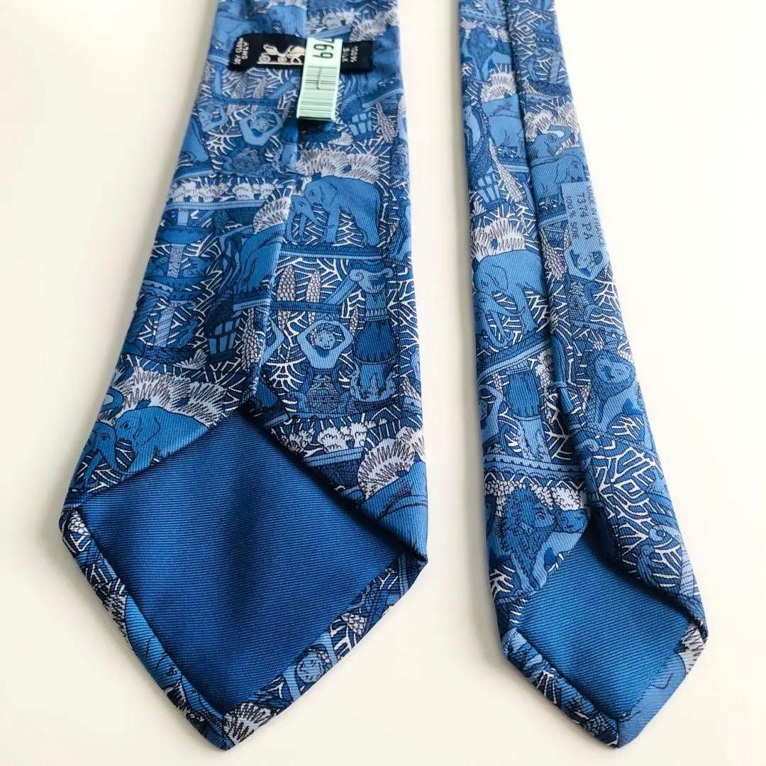 HERMES ネクタイ スカーフ柄 ブルー