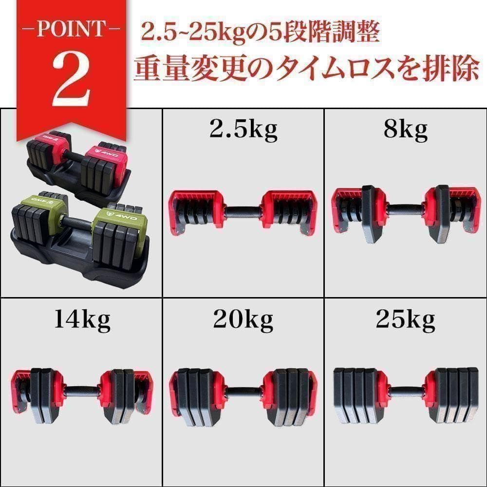 可変式ダンベル 25kg2個セット オリーブ 5段階調整 可変式 K316