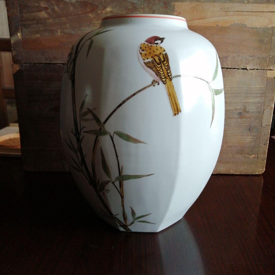 影山明志　色絵竹雀紋面取壺　29.5cm