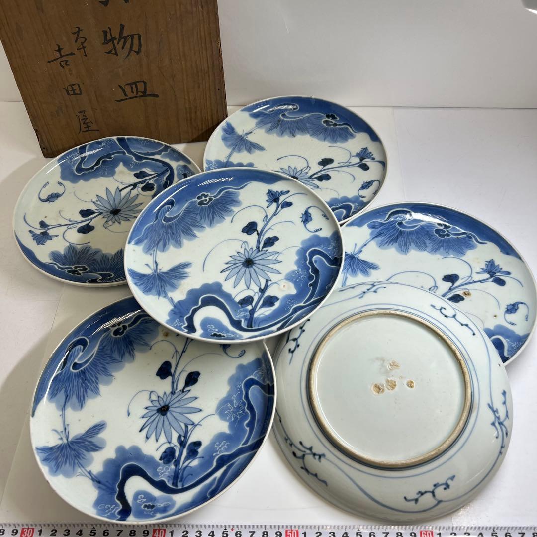 古伊万里　染付中皿6枚　木箱付　直径約20㎝　東Y8-0220②