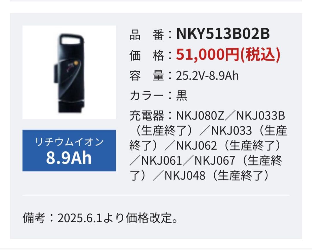 Panasonic NKY513B02B 電動自転車用バッテリー 本体