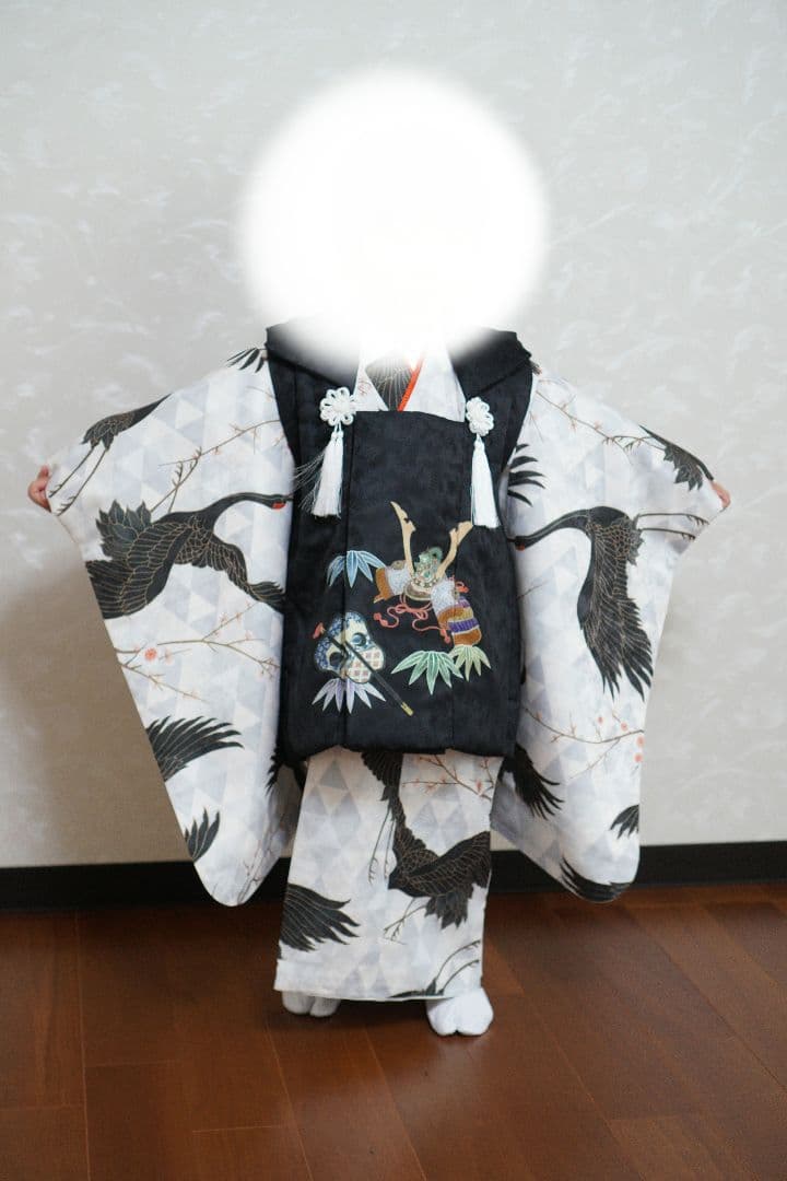 ［中古美品］七五三 3歳男の子 着物 被布 フルセット黒鶴の憧憬