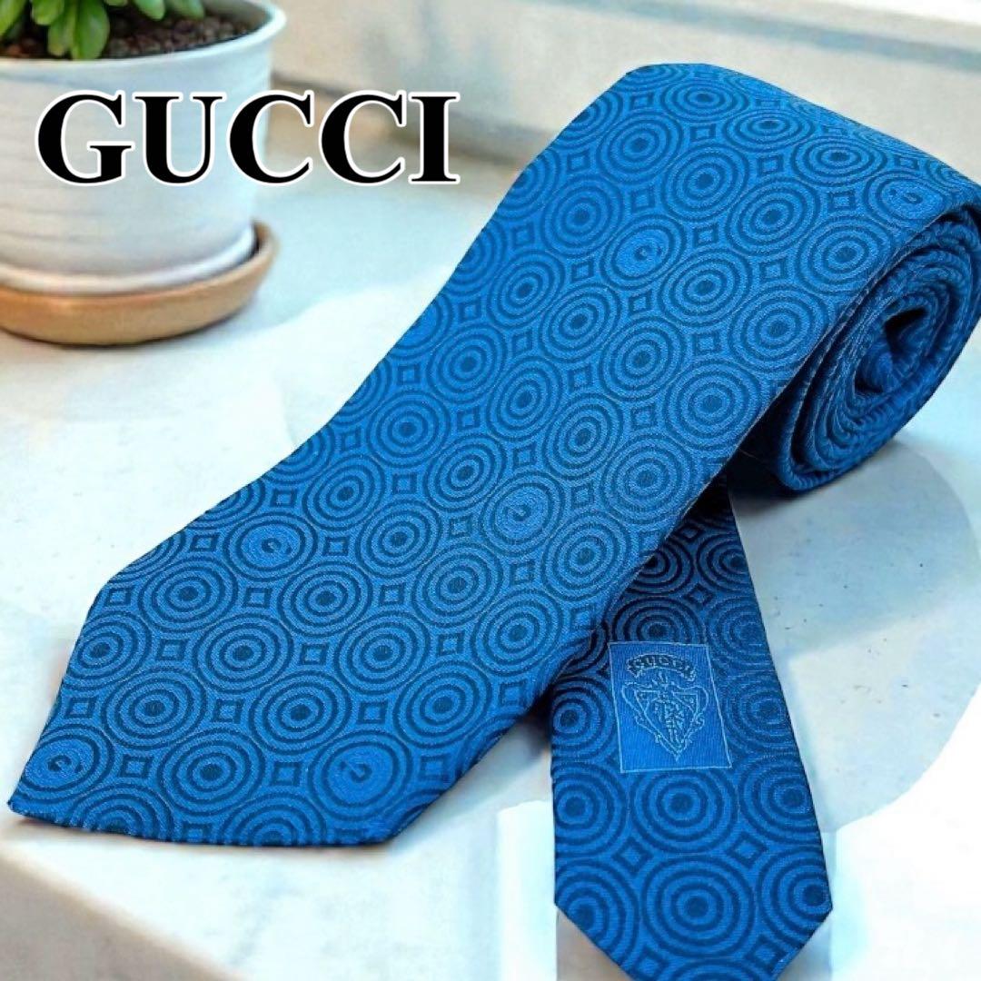 【美品】GUCCI グッチ ネクタイ Gロゴ 総柄 サークル 幾何学 ブルー系