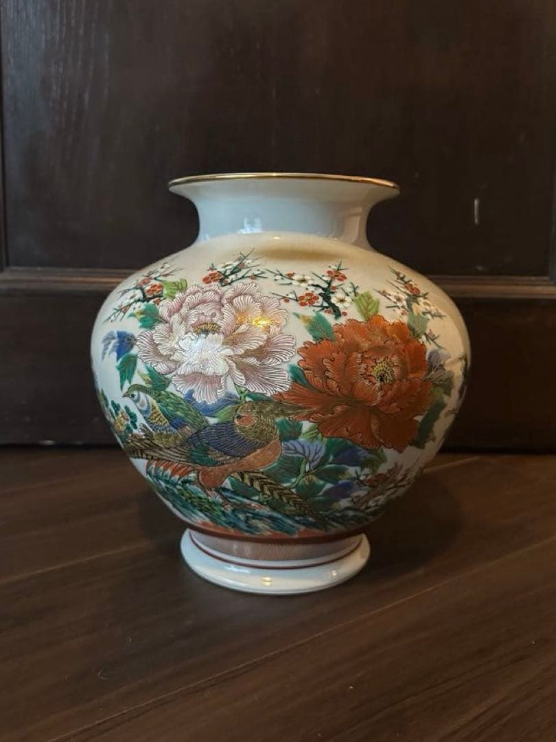 美品　九谷焼花器　陶勝造　金彩色絵花鳥図　花瓶　花器　骨董品