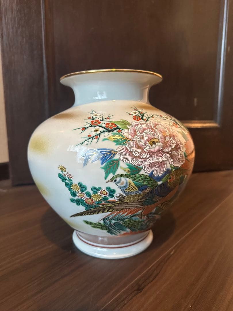 美品　九谷焼花器　陶勝造　金彩色絵花鳥図　花瓶　花器　骨董品