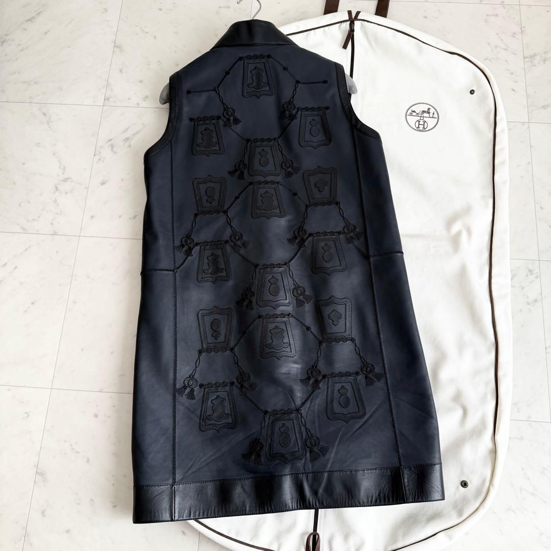 付属品付 幻 HERMES エンブロイダリー ラムレザーロングベスト ブラック