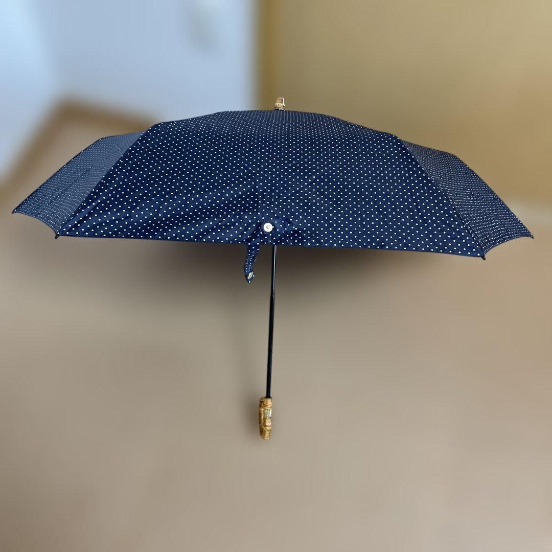 【軽量】FOLDING BAMBOO MINI 折り畳み傘　ネイビー×白ドット