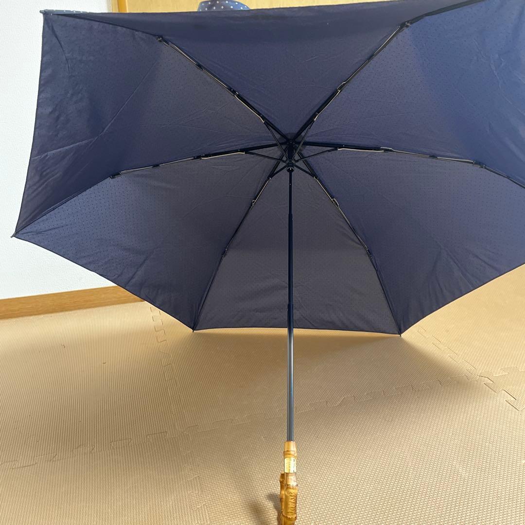 【軽量】FOLDING BAMBOO MINI 折り畳み傘　ネイビー×白ドット
