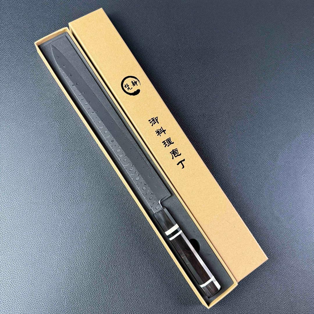 9510新品 ダマスカス 柳刃包丁 尺 海流紋105層 黒檀黒水牛白三本巻八角柄