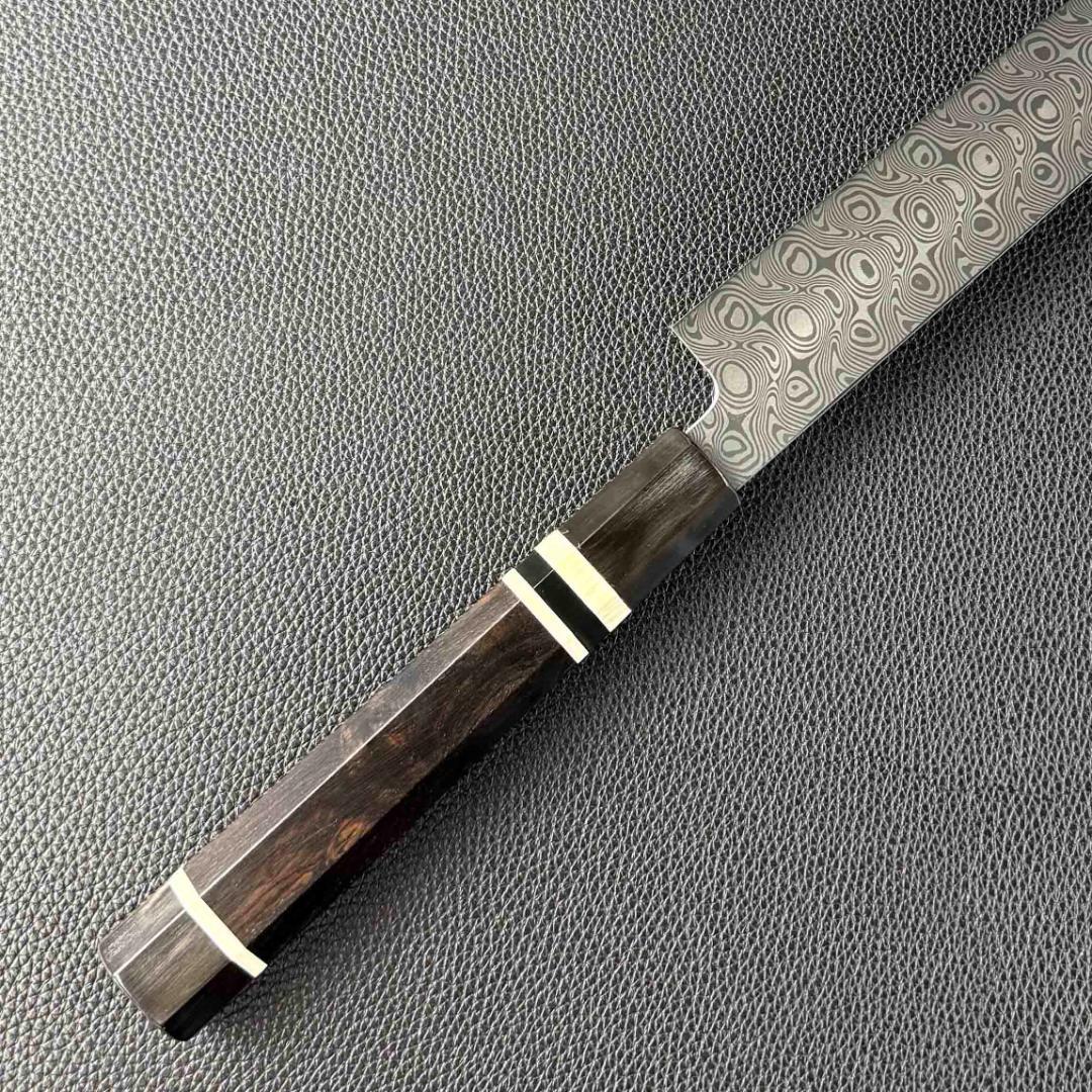 9510新品 ダマスカス 柳刃包丁 尺 海流紋105層 黒檀黒水牛白三本巻八角柄