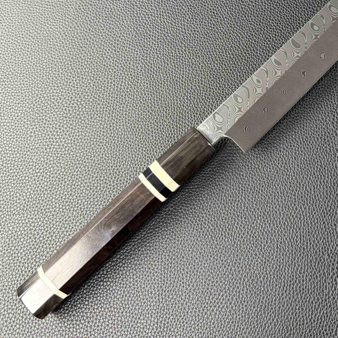 9510新品 ダマスカス 柳刃包丁 尺 海流紋105層 黒檀黒水牛白三本巻八角柄