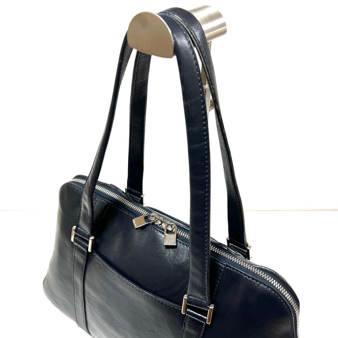 【良品】HIROFU ヒロフ ハンドバッグ ロゴ型押し ネイビー