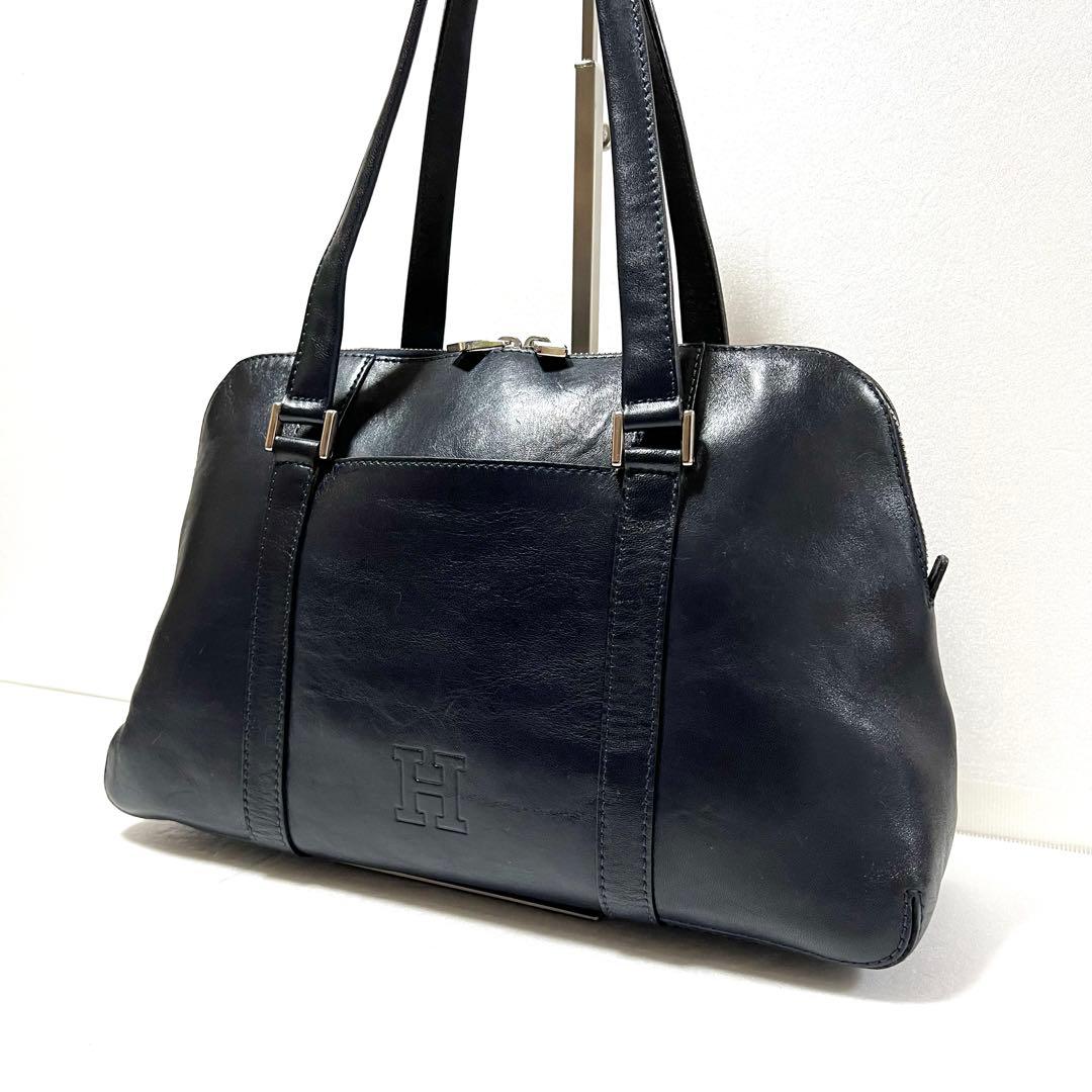 【良品】HIROFU ヒロフ ハンドバッグ ロゴ型押し ネイビー