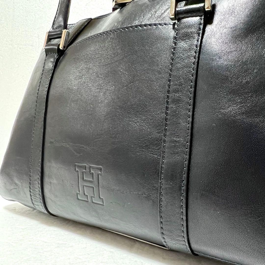 【良品】HIROFU ヒロフ ハンドバッグ ロゴ型押し ネイビー