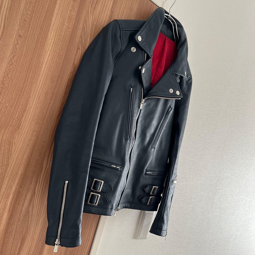 美品タグ有 NO ID. カウレザーライトニングWライダースJKT ネイビー 1