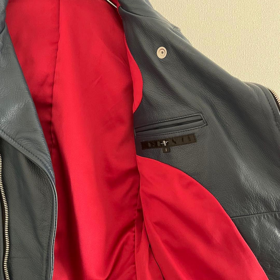 美品タグ有 NO ID. カウレザーライトニングWライダースJKT ネイビー 1