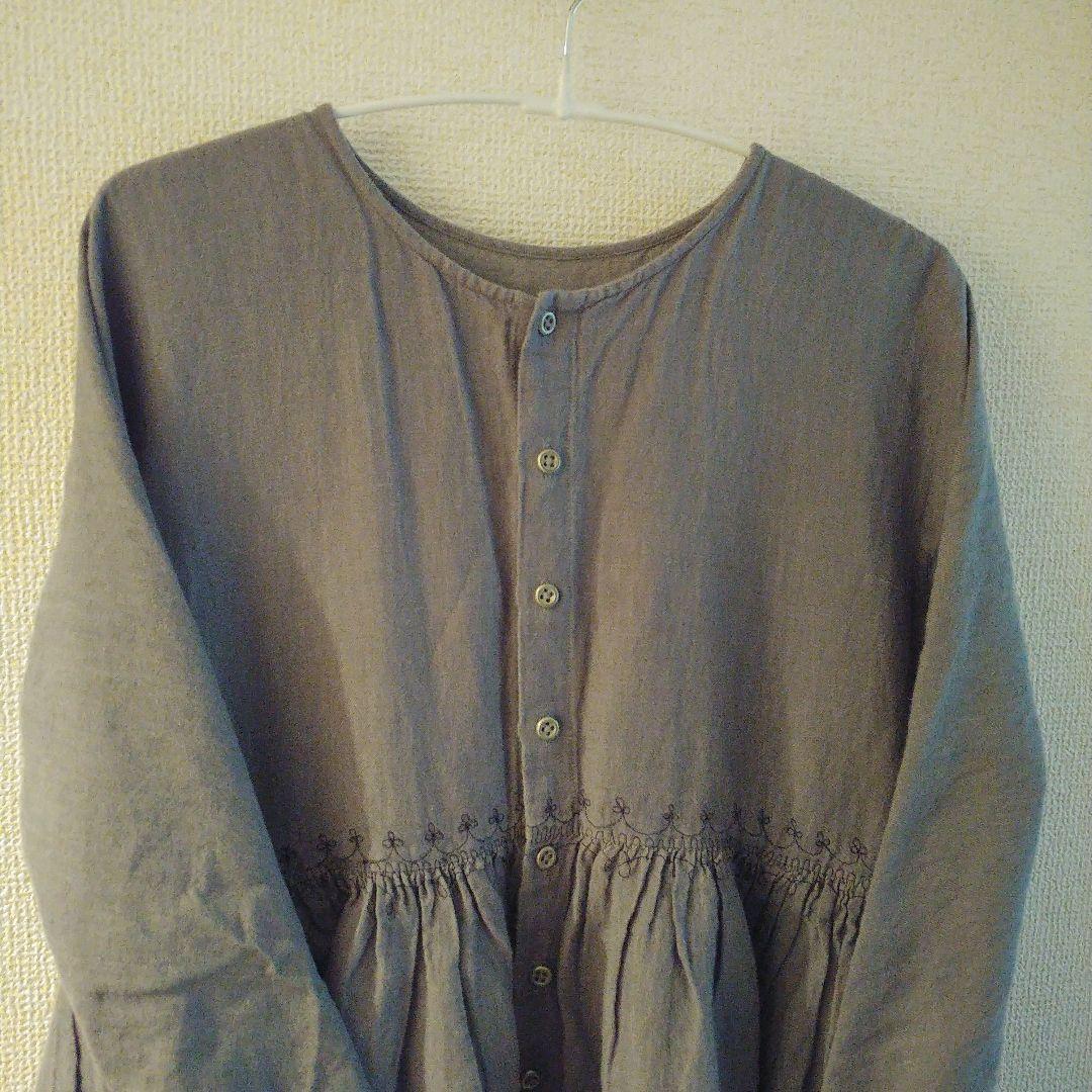 ババグーリ　ブルーグレー　刺繍ワンピース　リネンコットンＬサイズ