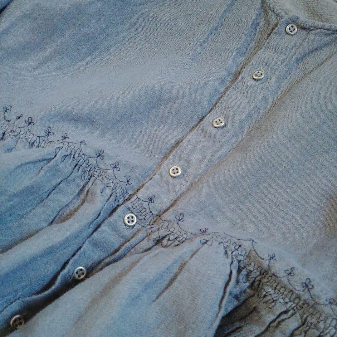 ババグーリ　ブルーグレー　刺繍ワンピース　リネンコットンＬサイズ