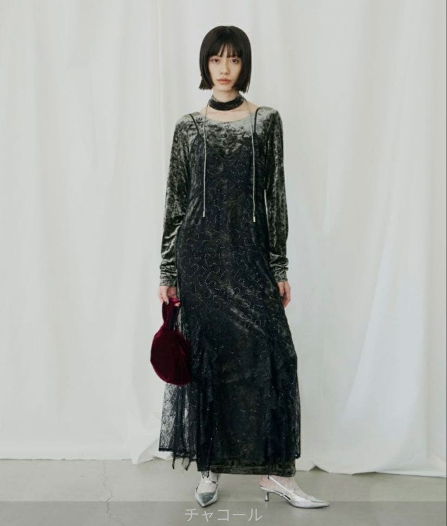 【ANDRESD】sparkle lace velour dress チャコール