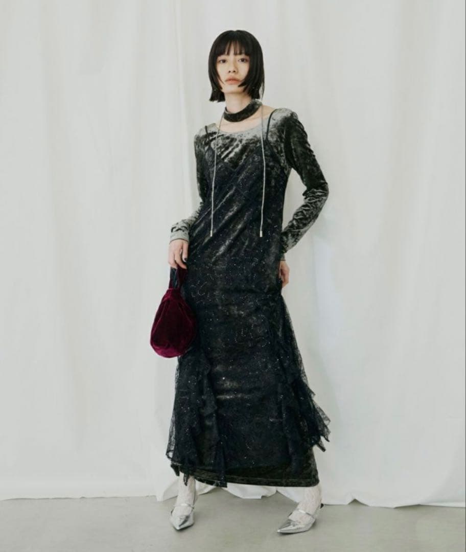【ANDRESD】sparkle lace velour dress チャコール
