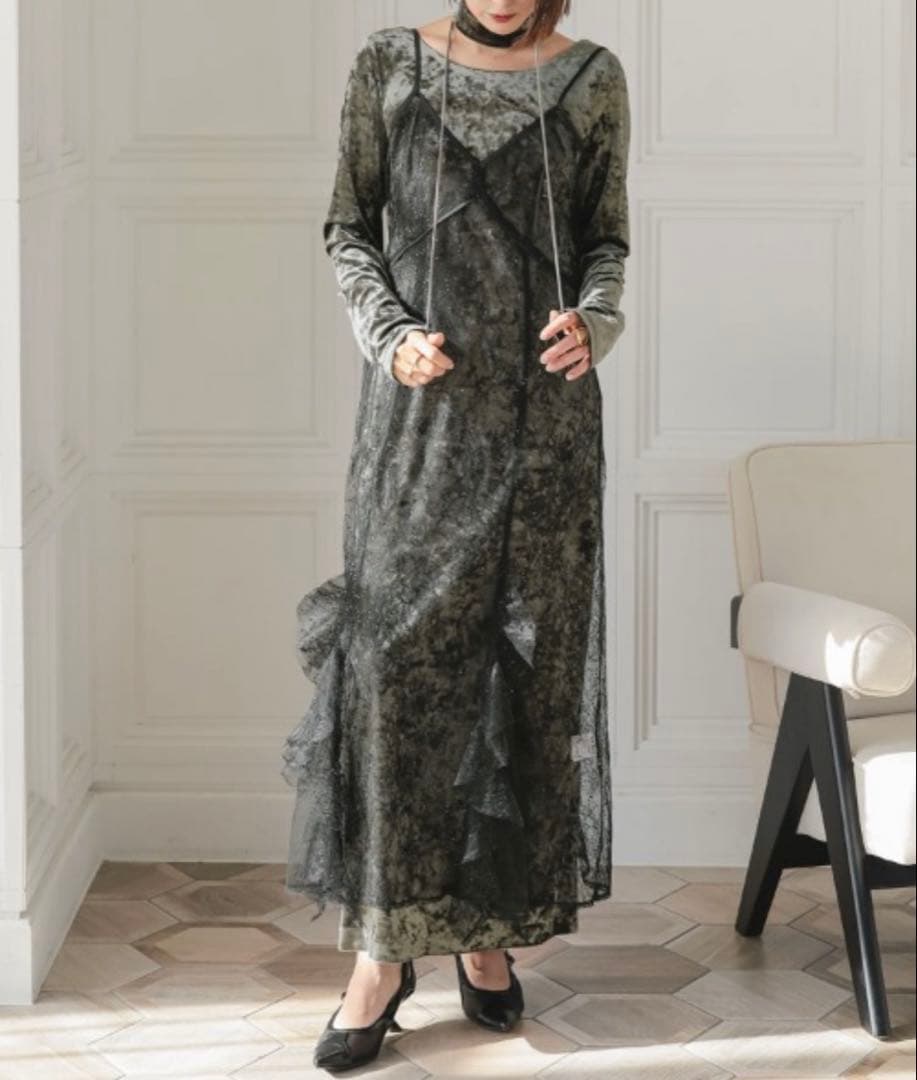 【ANDRESD】sparkle lace velour dress チャコール