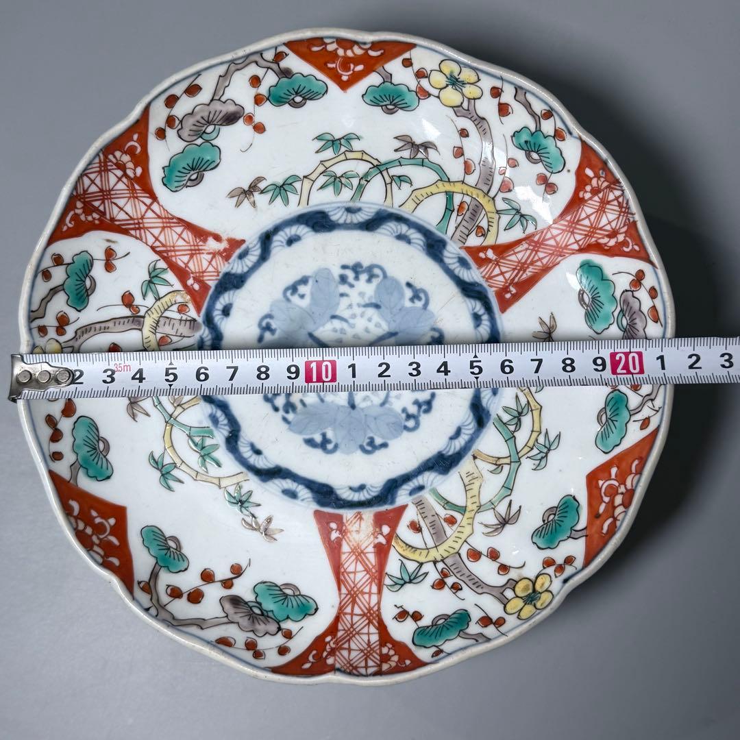 古伊万里　赤絵三方松竹梅文様七寸皿　五枚　桐花文　21cm　古民家カフェ　料理屋