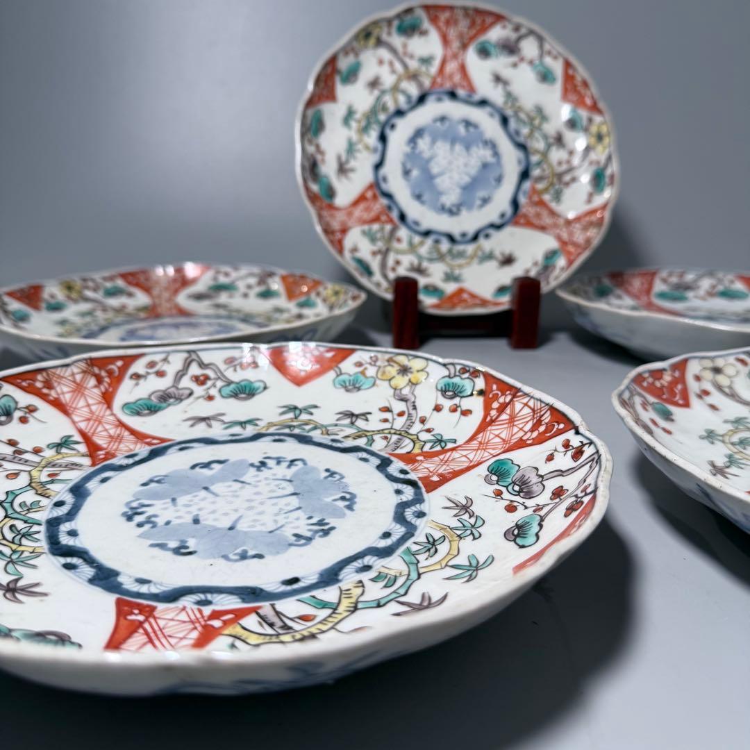 古伊万里　赤絵三方松竹梅文様七寸皿　五枚　桐花文　21cm　古民家カフェ　料理屋