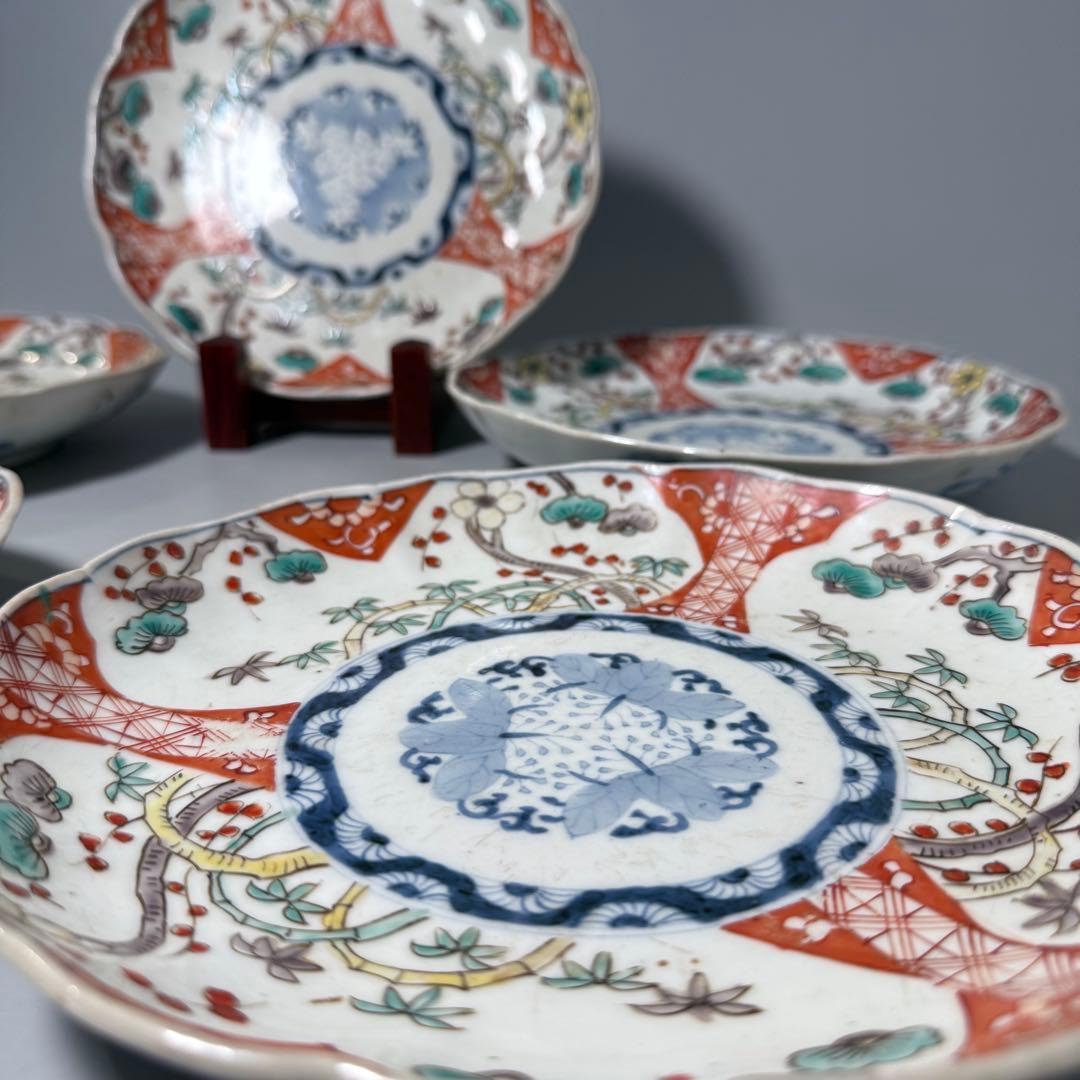 古伊万里　赤絵三方松竹梅文様七寸皿　五枚　桐花文　21cm　古民家カフェ　料理屋