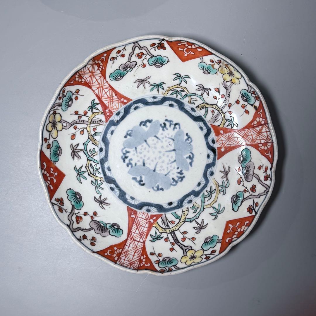 古伊万里　赤絵三方松竹梅文様七寸皿　五枚　桐花文　21cm　古民家カフェ　料理屋