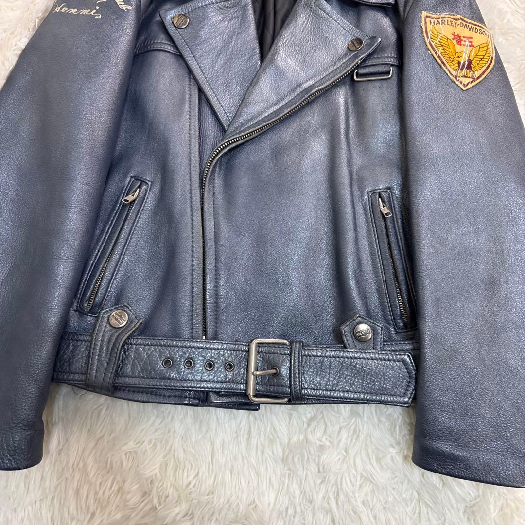 希少色　カドヤ　レザーライダースジャケット　ダブル　ワッペン　ブルーシルバー
