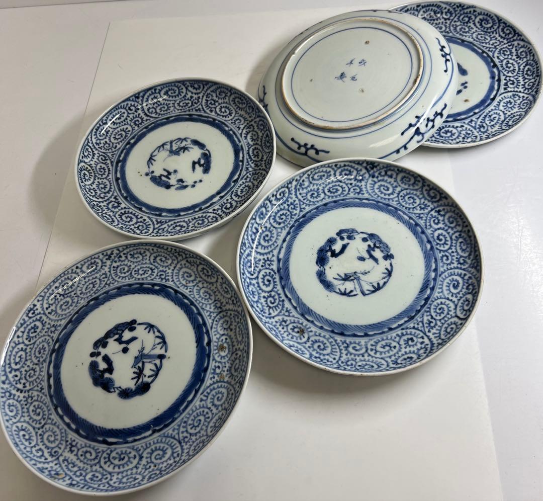 江戸後期　古伊万里　蛸唐草七寸皿5枚　直径約19㎝　東Y7-1208☆2Fトヒオ
