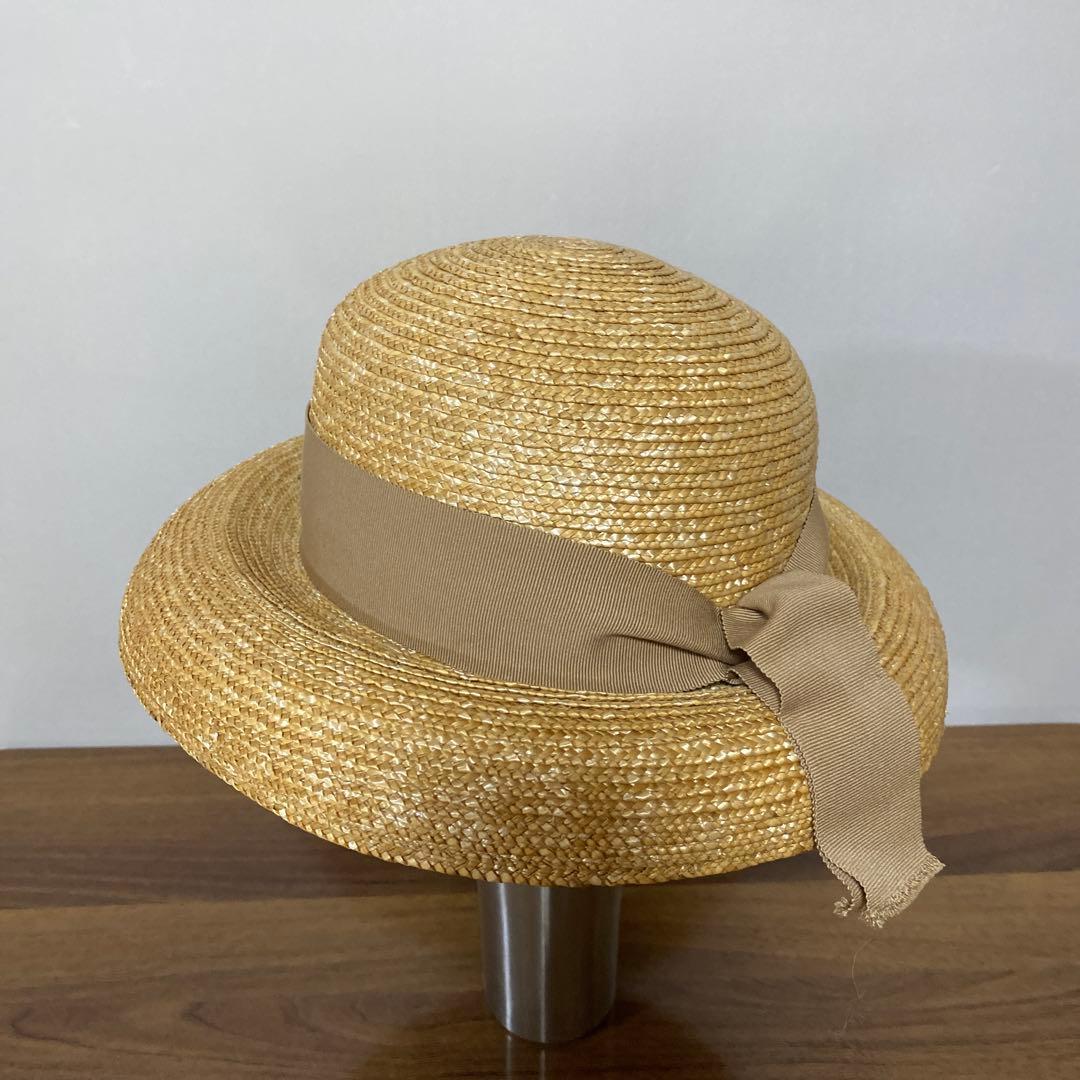 PUI Audrey hat 石田制帽 M ベージュ リボン 麦わら帽子 日本製