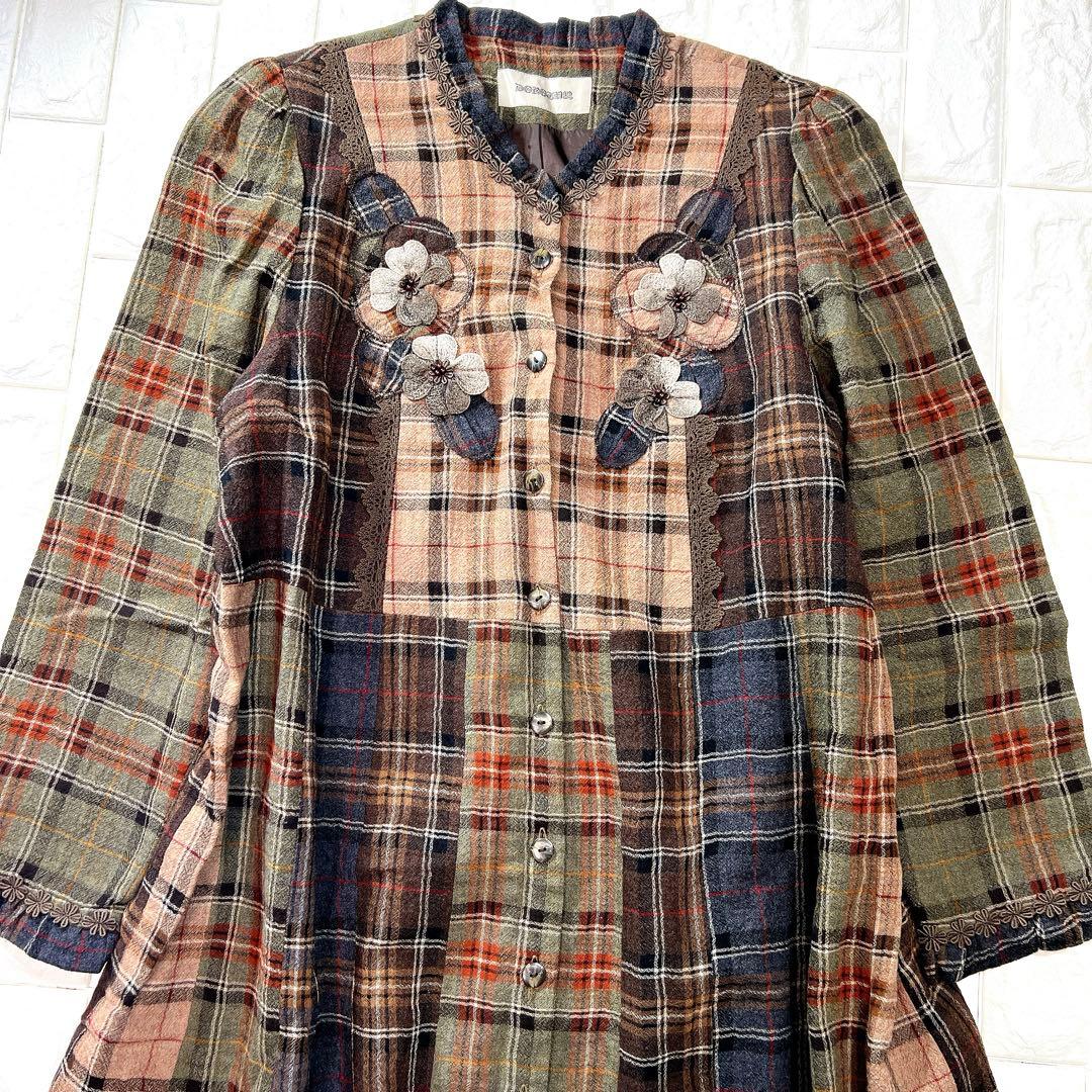 ドロシー 手染め チェック パッチワーク風 お花モチーフ ロングワンピース