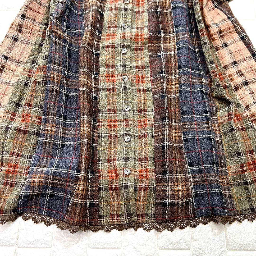ドロシー 手染め チェック パッチワーク風 お花モチーフ ロングワンピース