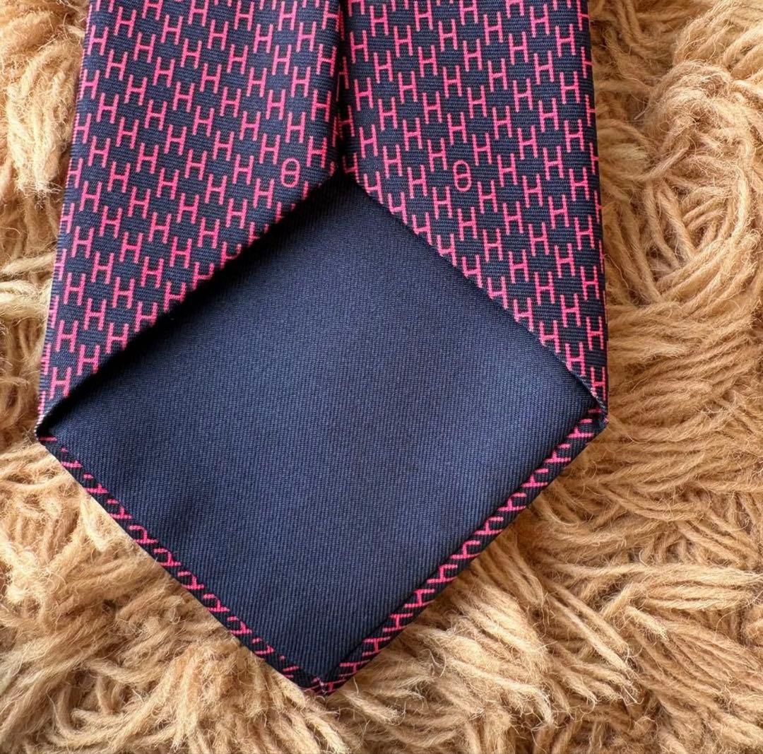 【美品】HERMES エルメス H柄 総柄 ネクタイ ネイビー メンズ