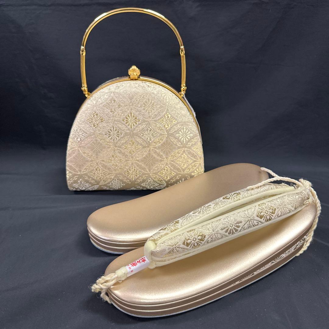 【専用】新品 高級 正絹 草履バック 丸型 錦 金手 本革草履 菊の好 2967