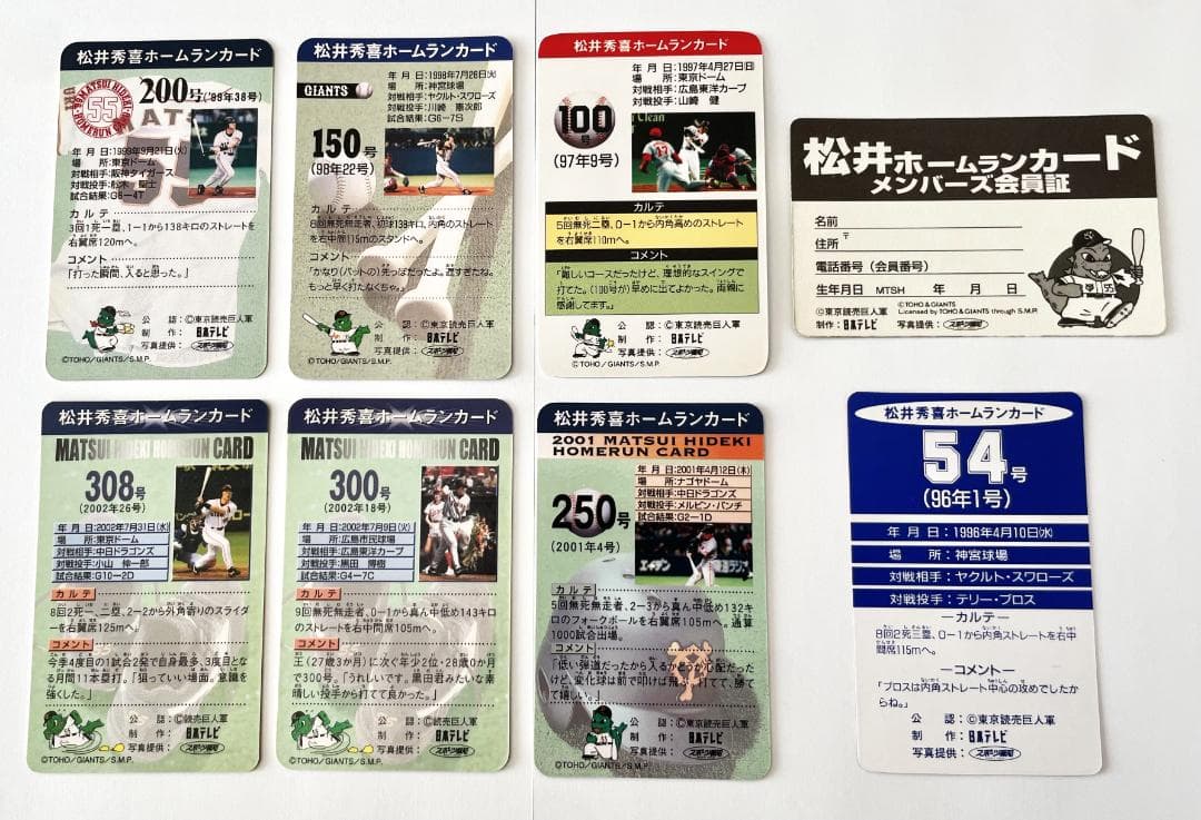 【希少】東京読売巨人軍 松井 秀喜選手 ホームランカード（54号〜308号)