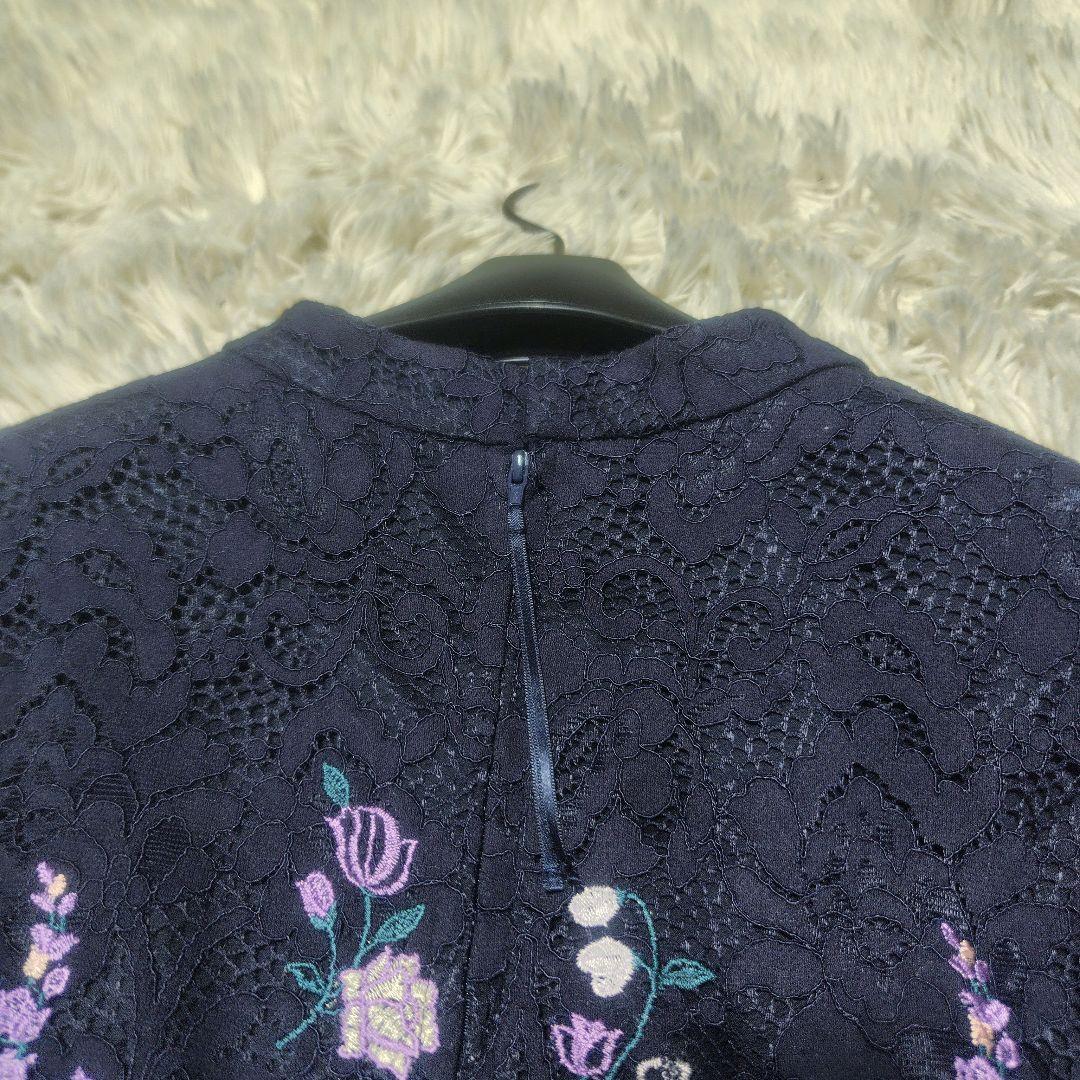 【極美品♡希少42】ローズティアラ高級ライン　フラワー刺繍&レースワンピース　紺