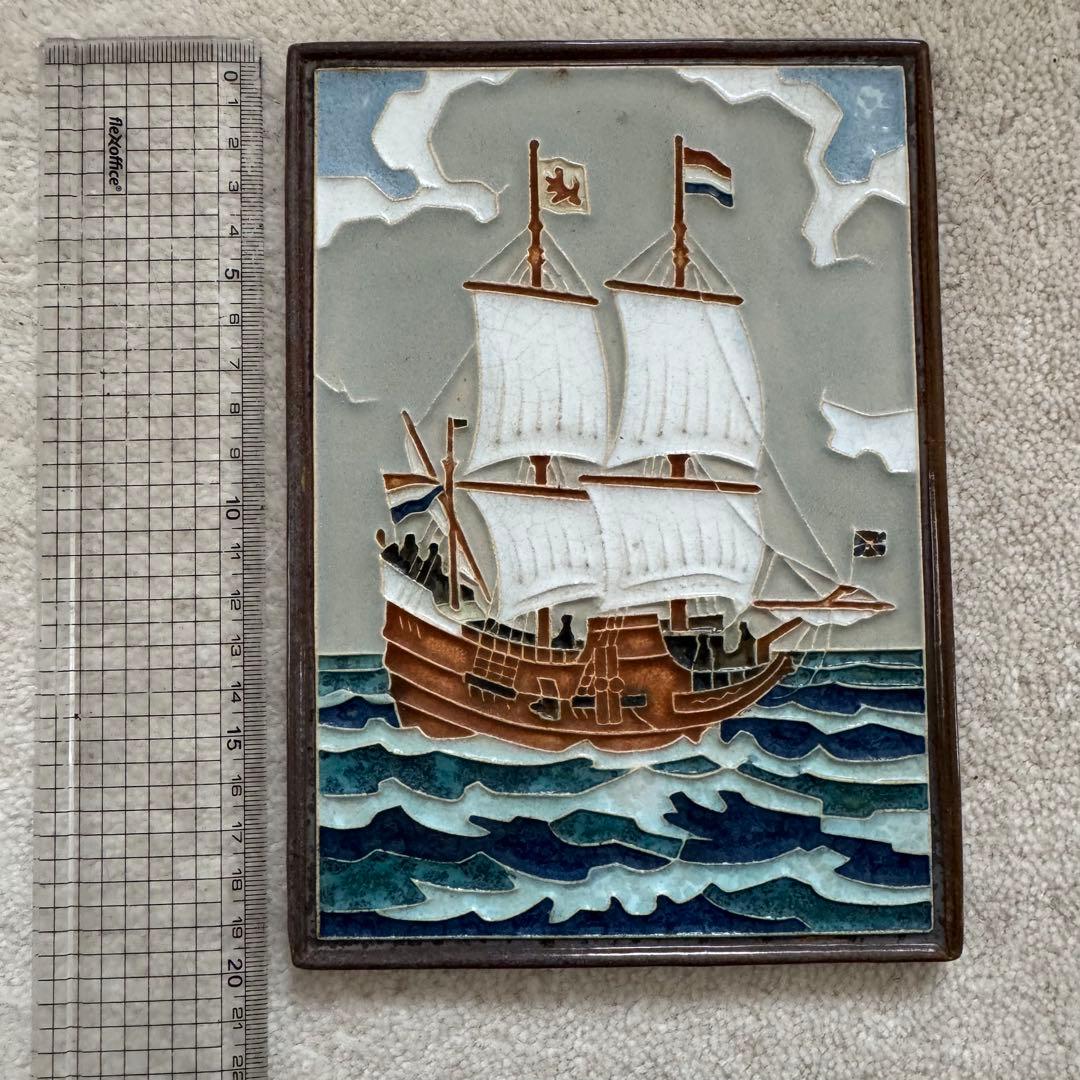 デルフト　Delft 陶板画　色絵　ヘンリー・ハドソンのハーフムーン　骨董