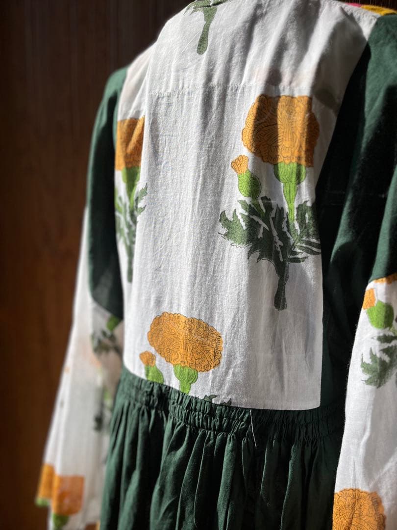 ブロックプリントワンピース　ヴィンテージミラー刺繍　民族衣装